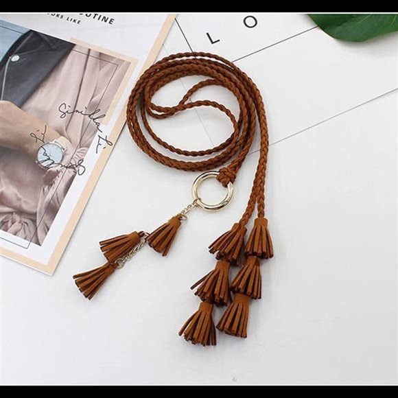 Women Girls PU Leather Waist Belt Chain Skinny Rope with Double Tassel main image 5
